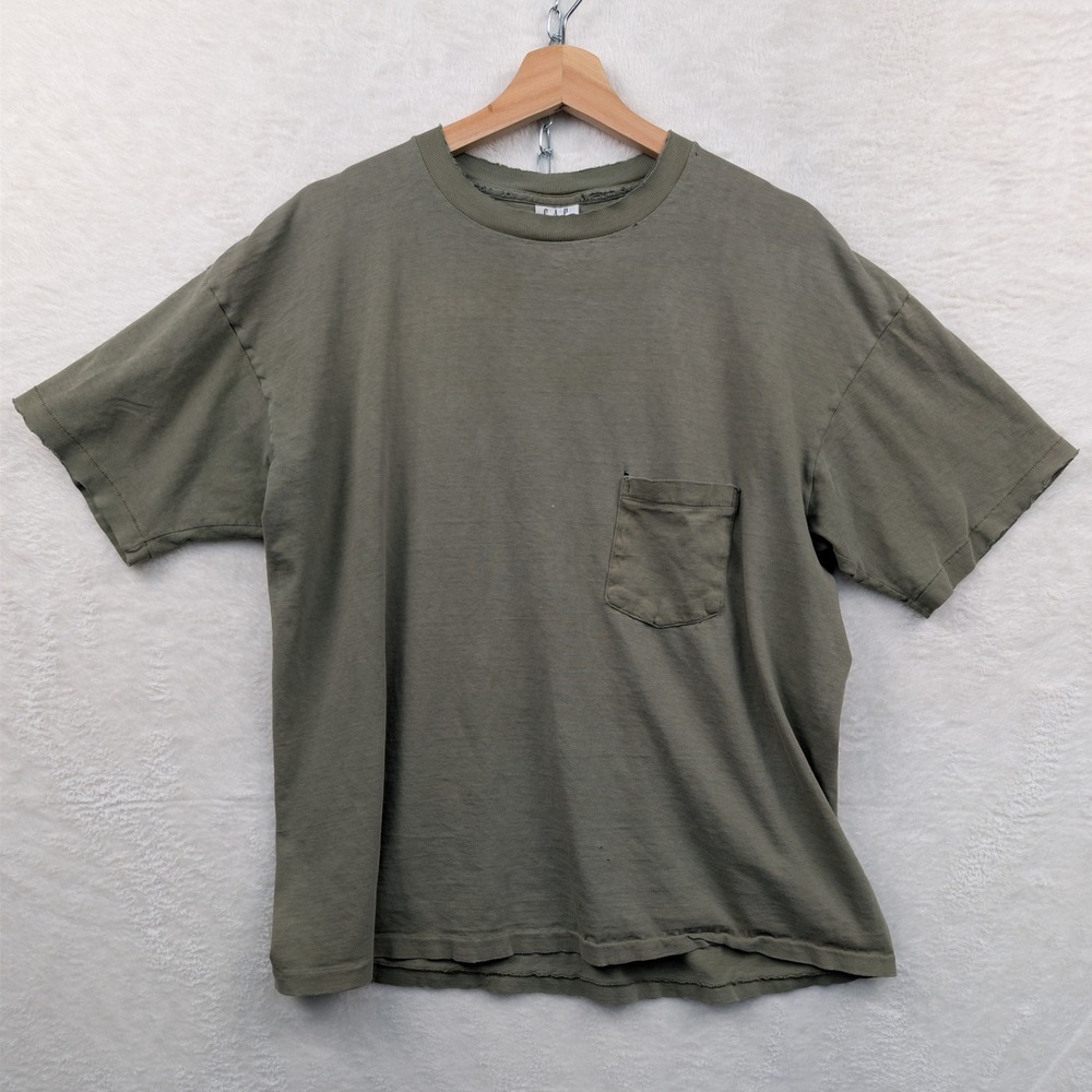 VTG Gap T-Shirt Men's L Olive Green Pocket Distressed Grunge Made in USA 90s